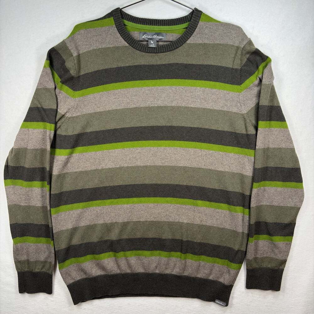 Eddie Bauer Sweater Mens Large‎ Tall TL Grey Green Striped Merino Wool Blend